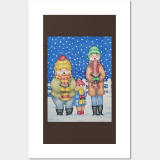 cute illustration of carol singers in the snow at Christmas Posters and Art